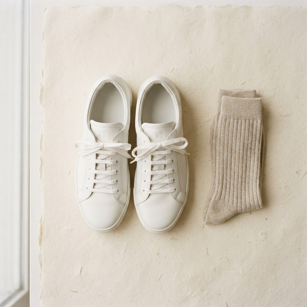 Sorgfältig arrangierte getragene Sneaker und gefaltete Socken auf cremefarbenem Hintergrund